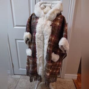 Cozy Plaid Faux Fur Trimmed Cape